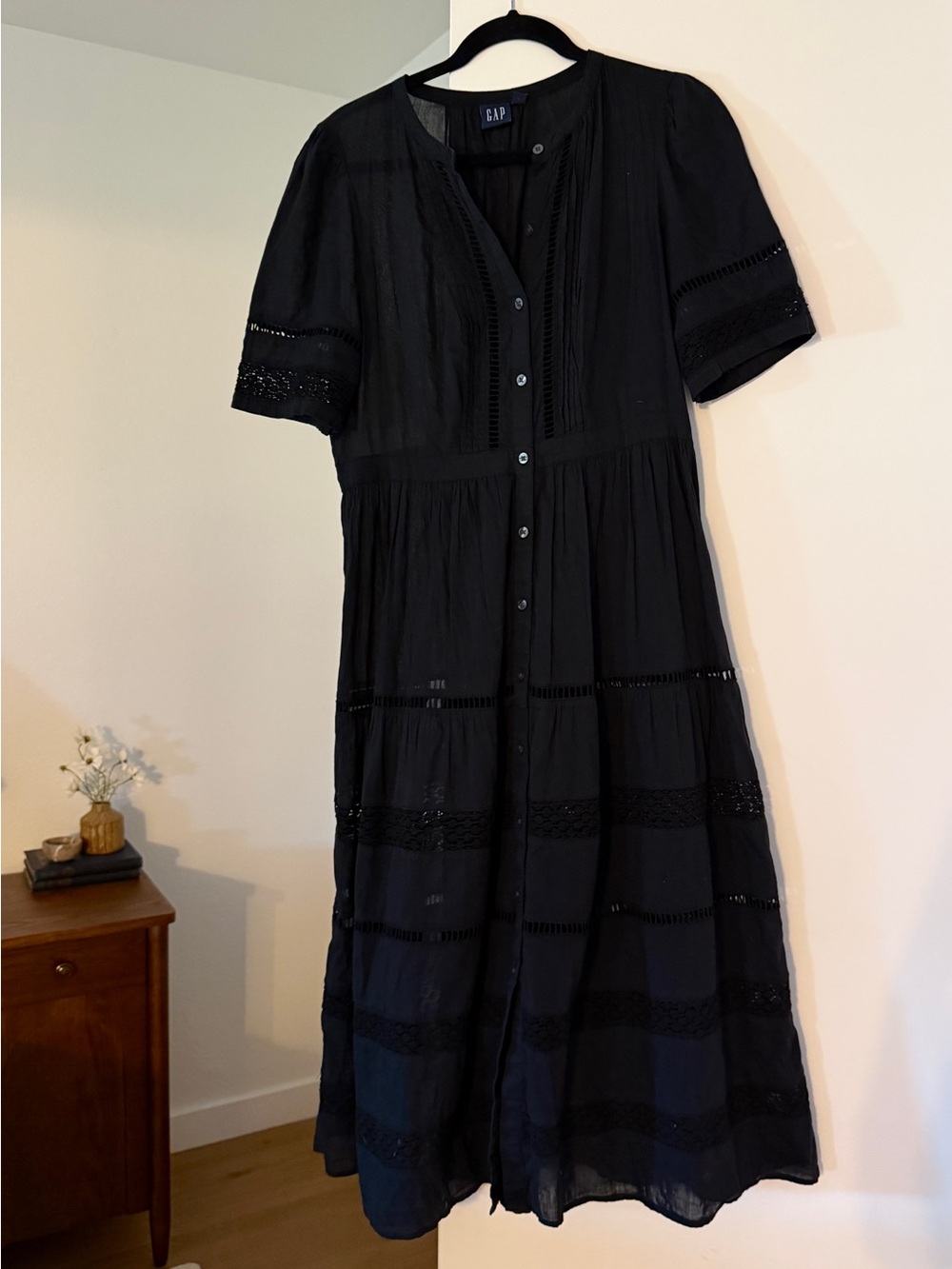 GAP Black Button-Front Midi Dress with Lace Inset Size Medium